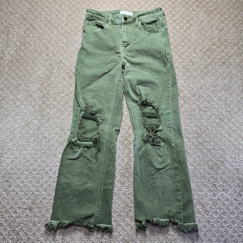 RISEN Jeans Women's 5/27 Green Distressed High Rise Straight Leg Raw Hem Stretch